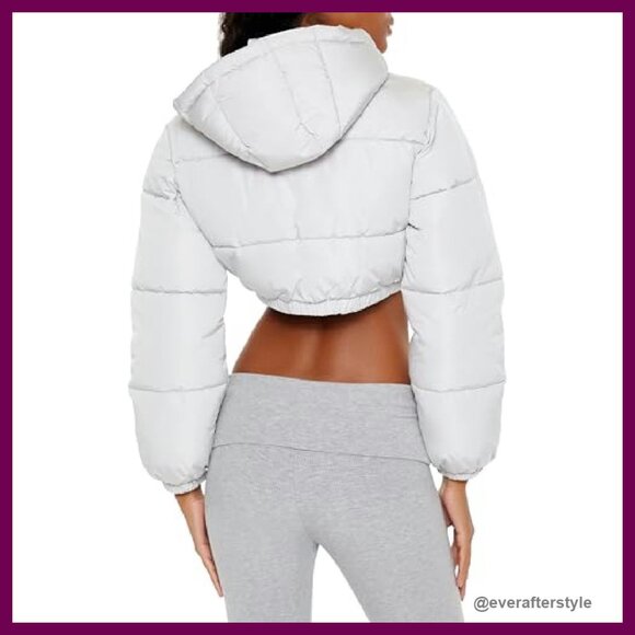 Super Cropped Puffer Jacket Quilted Channel Stitch Hood Funnel Neck Y2K - Picture 6 of 6